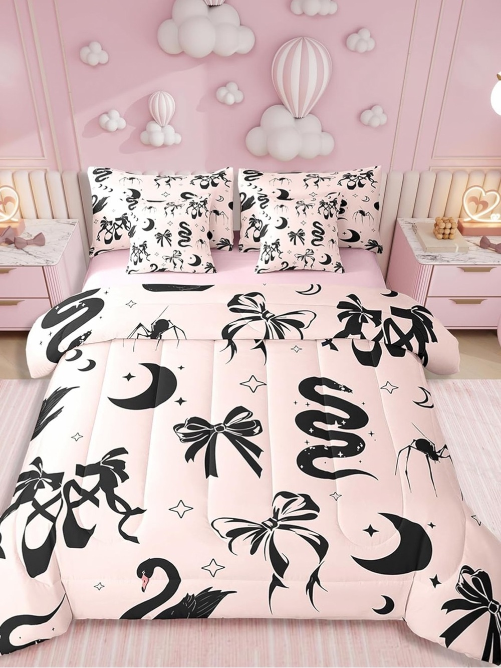 Erosebridal 7Pc Full Size Kawaii Bow Bed in a Bag Bedding Set